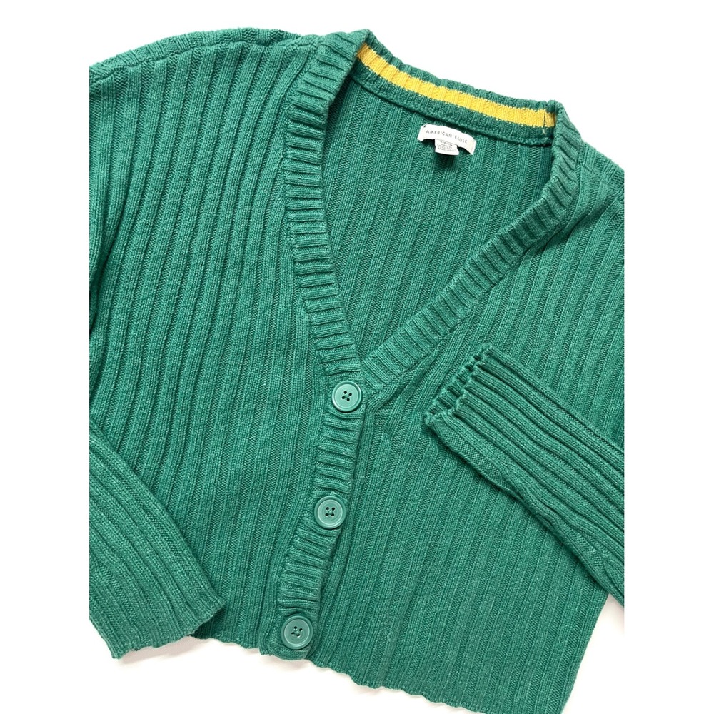 American Eagle Green Ribbed Knit V-Neck Cropped Cardigan Sweater Small AE 0301